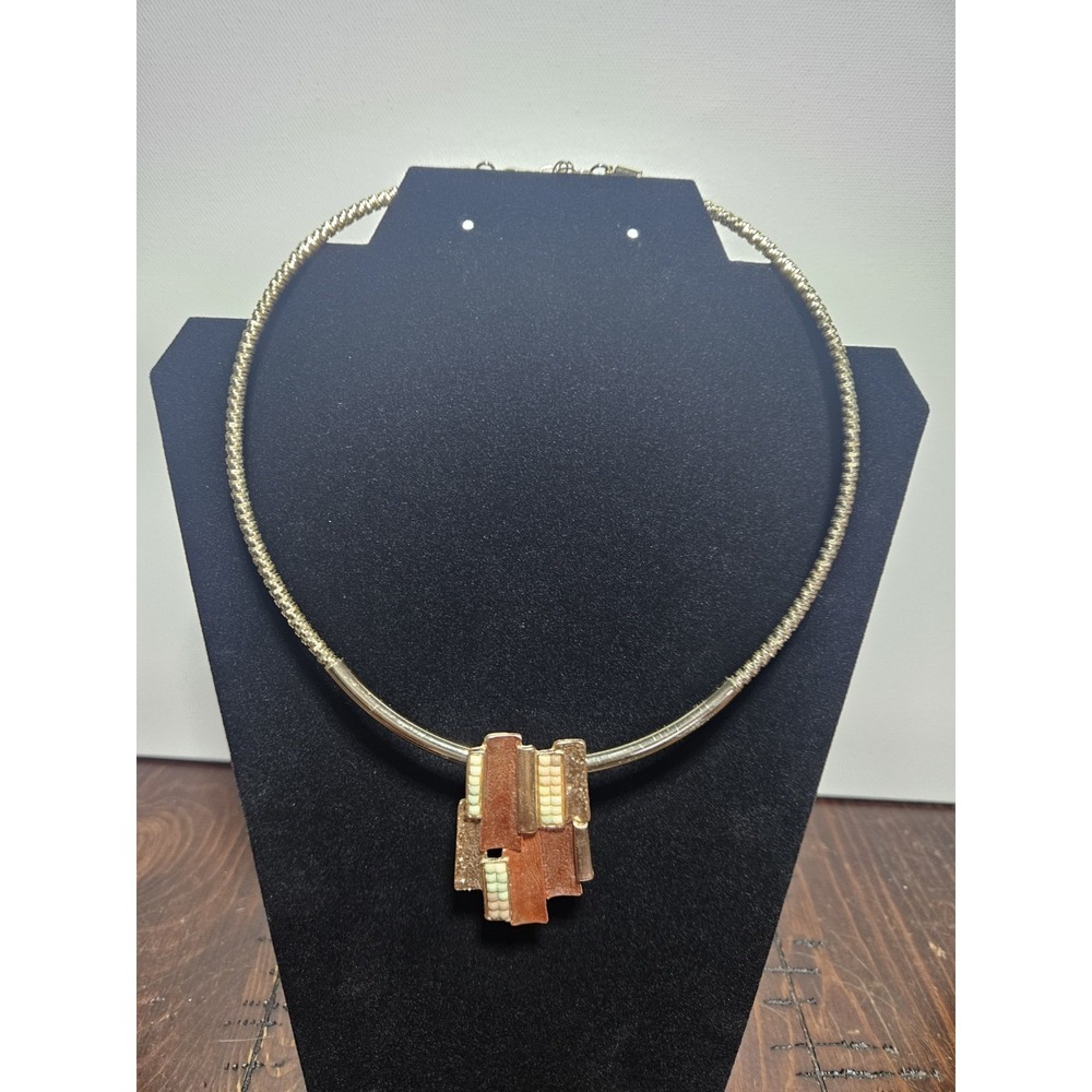 Vintage‎ Gold Tone Rigid Omega Collar Necklace Abstract Geometric Pendant